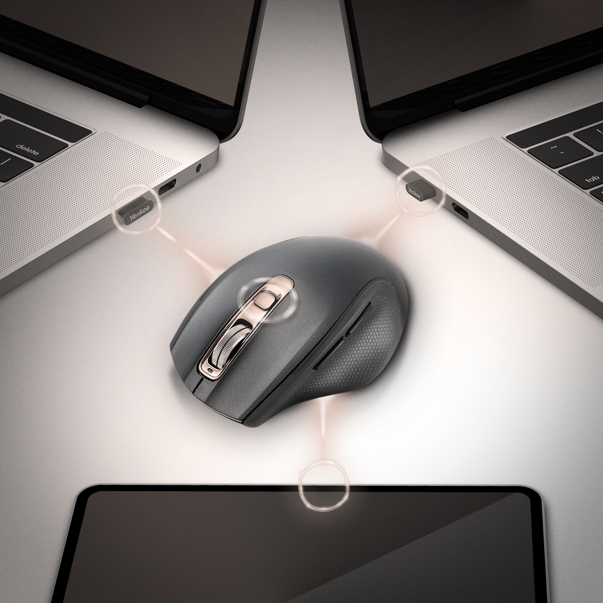 Control 3 devices using a 2.4GHz dongle with USB-A and USB-C, and Bluetooth